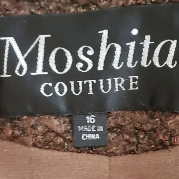 Vintage Moshita Couture 2 Piece Brown Outfit w/Faux Fur Collar and Trim, Size 16 - Picture 14 of 16